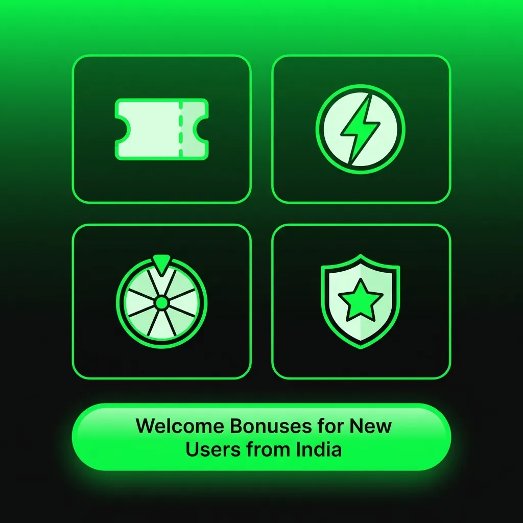 Welcome bonuses for Indian users showing casino and sports betting offers with deposit requirements and free spins