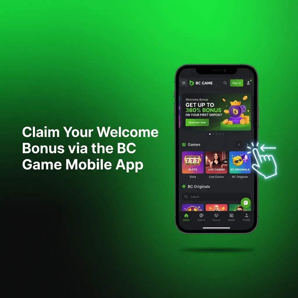BC Game mobile app interface showing welcome bonus claim process with deposit and promotions sections highlighted
