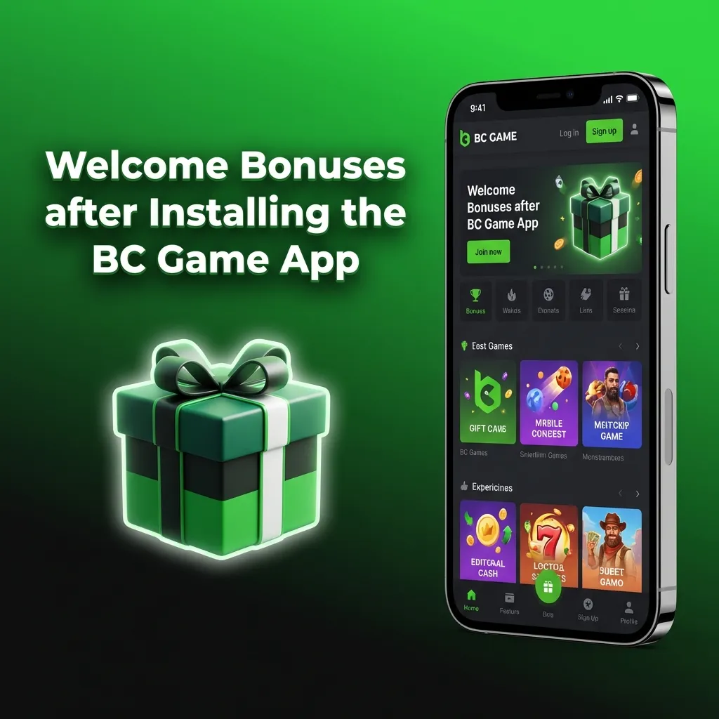 BC Game app welcome bonuses display showing casino match bonus, free spins, sports betting offers, and promotional rewards