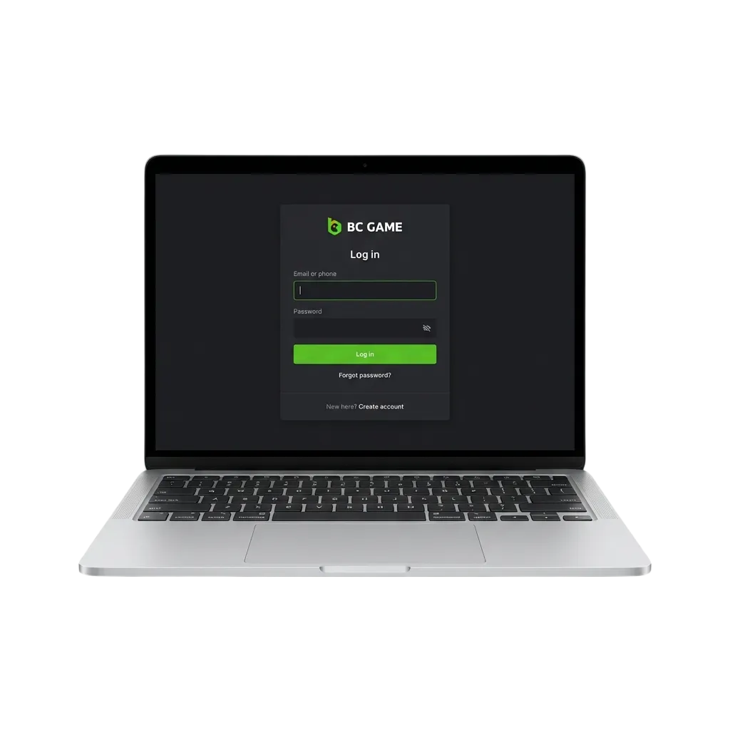 BC Game login interface showing email, phone, and username options with secure authentication for Indian users